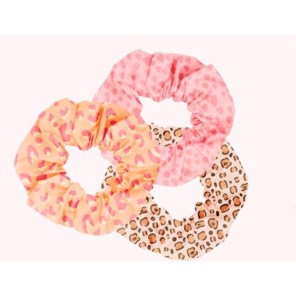 Set Of 3 Scrunchies Leopard & Heart Patterns Pink & Orange Hair  By Talking Out